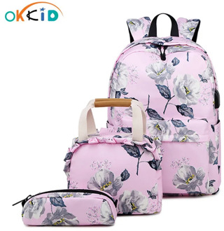 OKKID school bags for girls pen pencil food bag set kids flower school bag children floral school backpack child Christmas gift