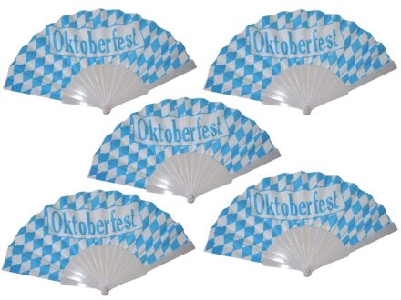 Oktoberfest - 5x Beierse waaiers Oktoberfest verkleed accessoire - Bierfeest feest artikelen - Handwaaiers blauw/wit