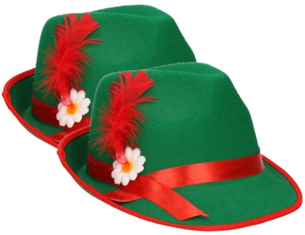 Oktoberfest Tiroler verkleed hoedje voor volwassenen - Set van 2x stuks - groen/rood - jagershoedje