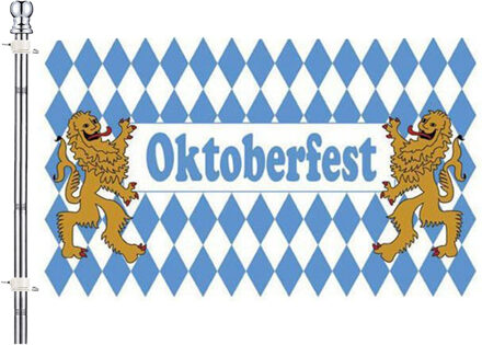 Oktoberfest vlag met vlaggenstok set - blauw/wit - 90 x 150 cm - Bayern