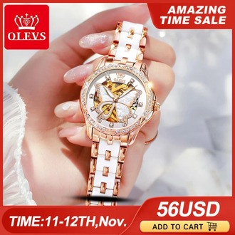 OLEVS Mechanical Women Watch Fashion Switzerland Luxury Brand Ladies WristWatch Automatic Ceramic Hollow Design montre femme
