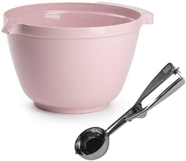 Oliebollen bakken set - Beslagkom roze - kunststof - met ijsbollen lepel 23 cm