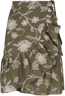 Olijf Geborduurde Bloemen Wikkel Ruffle Rok - L