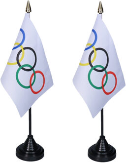 Olympische Spelen tafelvlaggetjes - 2x stuks - 10 x 15 cm vlag - met zwarte standaard