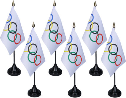 Olympische Spelen tafelvlaggetjes - 6x stuks - 10 x 15 cm vlag - met zwarte standaard