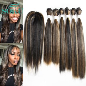 Ombre Bruin Yaki Rechte Synthetisch Haar Bundels Met Sluiting 14-18Inch Soku Hoge Temperatuur Fiber Bundel Haar weven FM1B 27