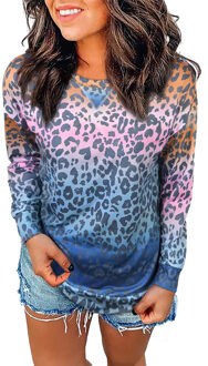 Ombre Luipaardprint Lange Mouw Pullover - maat Blauw