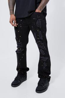 Onbewerkte Flared Slim Fit Jeans Met Verfspetters, Black - 28R