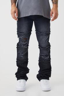 Onbewerkte Gescheurde Flared Slim Fit Jeans Met Panelen, True Black - 28R