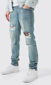 Onbewerkte Gescheurde Slim Fit Jeans In Antiek Blauw, Antique Blue - 28R
