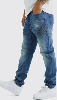 Onbewerkte Slim Fit Biker Jeans Met Panelen, Vintage Blue - 30R