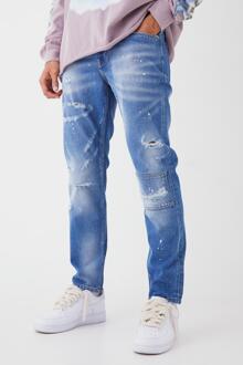 Onbewerkte Slim Fit Jeans Met Gescheurde Knieën En Verfspetters, Light Blue - 28R