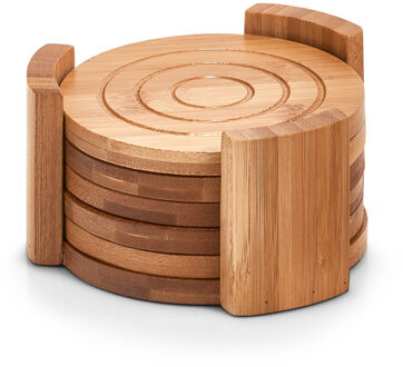 Onderzetters - 6x - in houder - bamboe hout - 10 cm