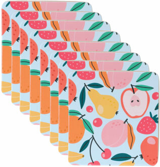 Onderzetters voor glazen - 12x - tropical fruit - hout - blauw - 10 x 10 cm