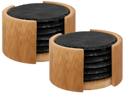 Onderzetters voor glazen in rekje - 12x - antraciet - leisteen - 10 cm
