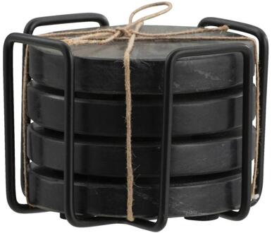 Onderzetters Zwart - Set Van 4 - Ø11 Cm - Met Houder - Marmer - Wit - B13 Cm