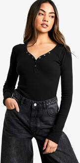 One Piece Met Drukknoopsluiting Aan De Voorkant En Lange Mouwen, Black - 34