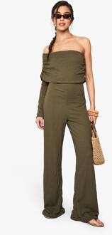 One-Shoulder Jumpsuit Met Wijde Pijpen En Getextureerde Stof, Khaki - 38