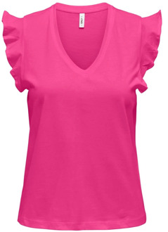 Only Frill V-Neck Korte Mouw T-Shirt Only , Pink , Dames - L,M,S,Xs