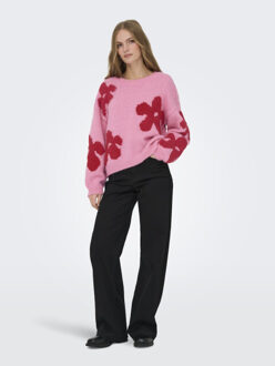 Only Onlbootle life ls flower o-neck knt dessin - maat L Roze