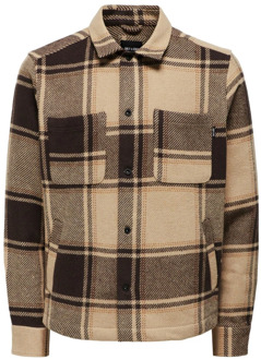 ONLY & SONS Bruin Geruite Knopen-Front Shirt Only & Sons , Brown , Heren
