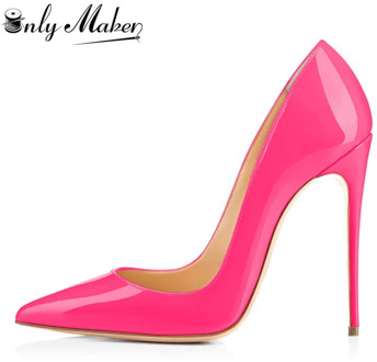 Onlymaker Women's Shoes 8 10 12CM Pointed Toe Fashion Thin Heels Pumps Red Pink Patent Leather Shoes Woman Big Size US5~US15