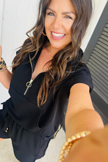 Ontspannen Pasvorm Korte Mouw Brei Set Zwart