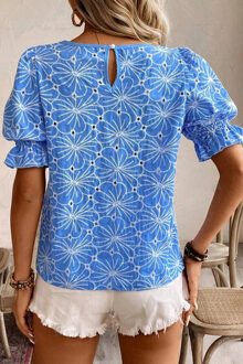 Oogjes Geborduurde Puff Mouw Blouse Lichtblauw