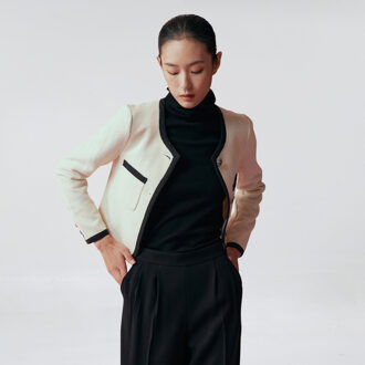 Oogst contrasterende bias jas - maat L Gebroken wit