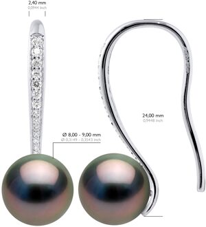 Oorbellen Echte Gekweekte Tahitiaanse Parel Rond 8-9 mm gemonteerd met Cubic Zirconia Zwart - One Size