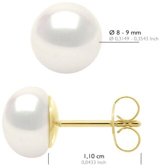 Oorbellen - Geel Goud 750 (18 Karaat Echte Gecultiveerde Zoetwaterparels Knop 8-9 mm) Wit - One Size