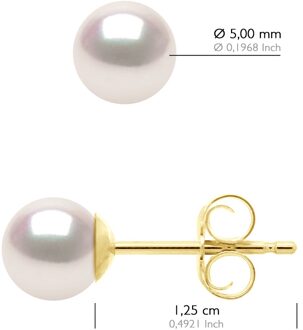 Oorbellen in 750 Geel Goud en Echte Gecultiveerde Akoya Parel, Japans Gecertificeerd, Rond 5-6 mm Wit