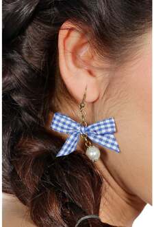 Oorbellen met parel en blauw/wit geruit strikje