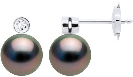 Oorbellen Sieraden Prestige Diamanten 0,06 Ct - GESLOTEN SET 2 x 0,03 Ct - met Echt Gecultiveerde Tahiti Parel Rond 8-9 mm Zilver