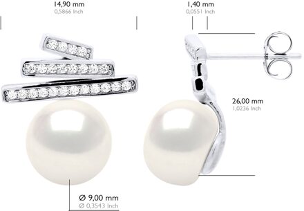 Oorbellen Strips met Cubic Zirconia - Echte Gecultiveerde Zoetwaterparel Knop 9-10 mm Wit