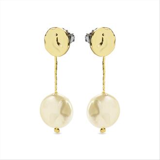 oorbellen, witte parel witte hasj afgewerkt in 18 karaat geelgoud