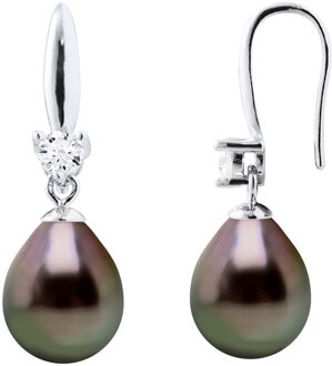 Oorbellen Zilver 925 & Cubic Zirconia - 2 Echte Gecultiveerde Tahiti Parel 8-9 mm Zwart