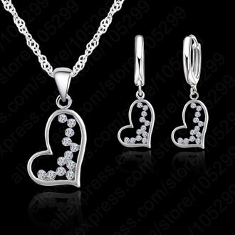 Oostenrijks Kristal Sieraden Set Vrouwen Hart Liefde Hanger Ketting + Oorbellen 925 Sterling Zilveren Sieraden Set