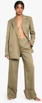 Op Maat Gemaakte Geweven Broek Met Omgeslagen Zoom En Wijde Pijpen, Khaki - 36