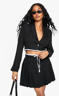 Op Maat Gemaakte Geweven Cropped Blazer Met Contrasterende Zoom, Black - 36