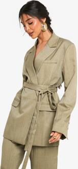 Op Maat Gemaakte Geweven Oversized Wikkel Blazer Met Riem, Khaki - 38