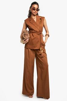 Op Maat Gemaakte Linnen-Look Broek Met Wijde Pijpen, Rust - 40