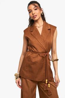 Op Maat Gemaakte Linnen-Look Longline Waistcoat Met Ceintuur, Rust - 38