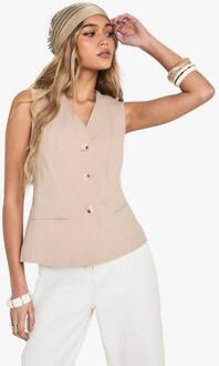 Op Maat Gemaakte Linnenlook Tank Met Knopen, Stone - 40