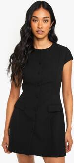 Op Maat Gemaakte Mini Shift-Jurk Met Capmouw En Knoopdoorloop, Black - 36