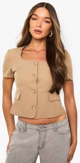 Op Maat Gemaakte Top Met Korte Mouwen En Knoopsluiting, Beige - 36