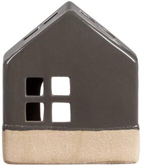 Op=Op | Leen Bakker - Waxinelichthouder Huis - Antraciet - 14x12x7 Cm - Keramiek - Zwart