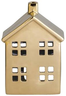 Op=Op | Leen Bakker - Waxinelichthouder Huis - Goudkleur - 14,5x10,5x6,5 Cm - Keramiek - Goudkleurig - 10.5x14.5x6.5 Cm