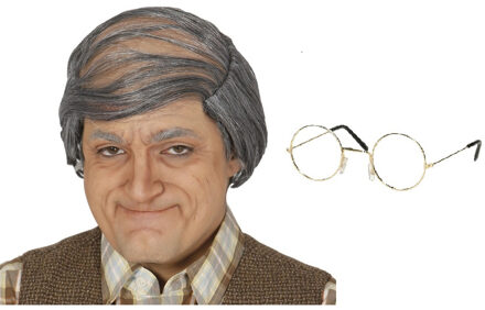 Opa Abraham carnaval verkleed setje - grijze pruik en brilletje - oude man