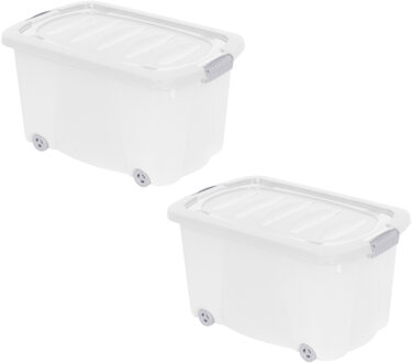 Opberg box/doos met wieltjes - 2x - kunststof - 60 x 39 x 32 cm - opruimen - organiseren